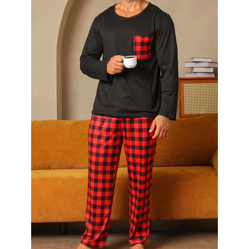 Mens Cotton Plaid Pajama Set Warm Long Sleeve Winter Sleepwear 3