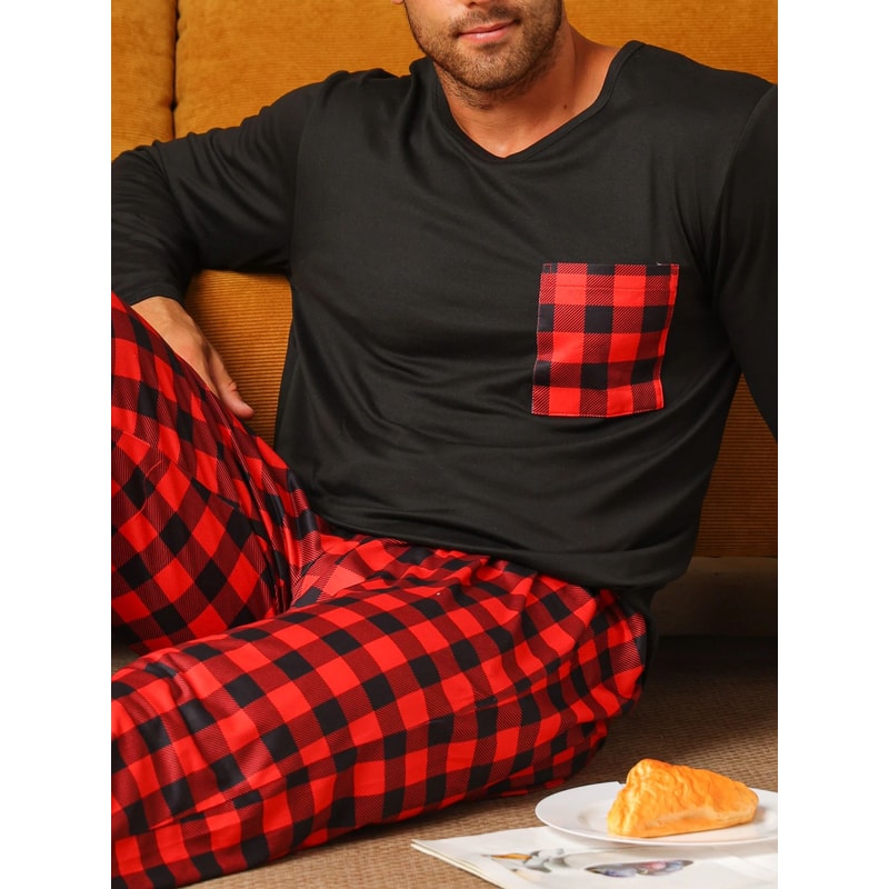 Mens Cotton Plaid Pajama Set Warm Long Sleeve Winter Sleepwear 4