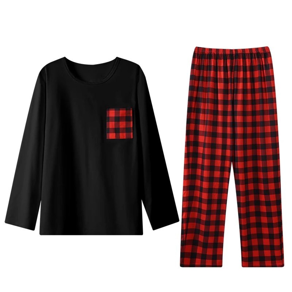 Mens Cotton Plaid Pajama Set Warm Long Sleeve Winter Sleepwear 6