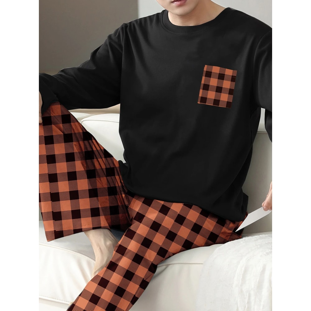 Mens Cotton Plaid Pajama Set Warm Long Sleeve Winter Sleepwear 7