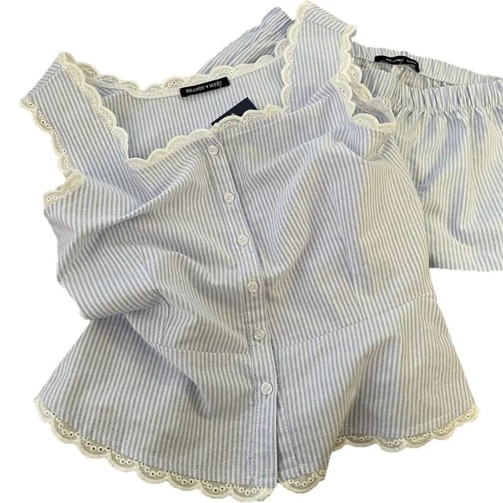 Luxury Striped Womens Summer Pajama Set Sleeveless Lace Tank Shorts Womens Summer Pajamas 2