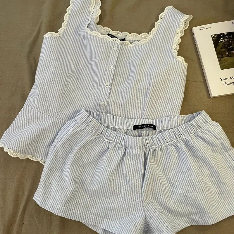 Luxury Striped Womens Summer Pajama Set Sleeveless Lace Tank Shorts Womens Summer Pajamas 3