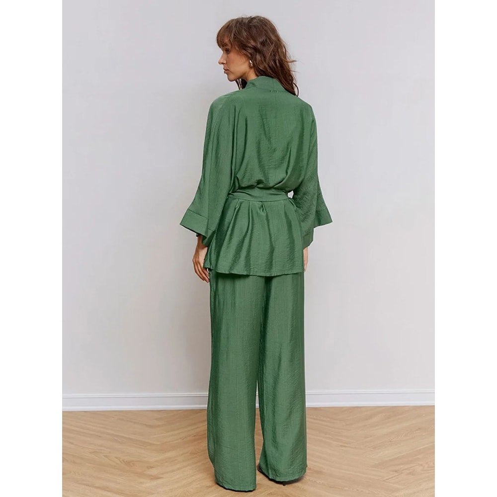 Premium Autumn Green Womens Pajama Set Soft Long Sleeve Pajama Set With LaceUp Top Loose Lounge P 1
