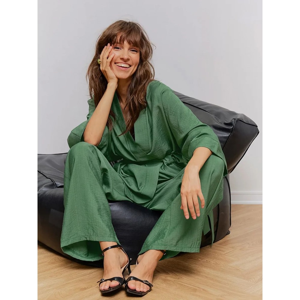 Premium Autumn Green Womens Pajama Set Soft Long Sleeve Pajama Set With LaceUp Top Loose Lounge P 2