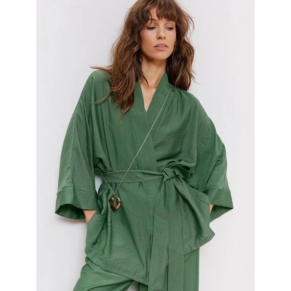 Premium Autumn Green Womens Pajama Set Soft Long Sleeve Pajama Set With LaceUp Top Loose Lounge P 4