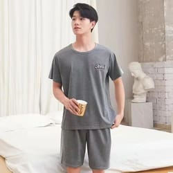 mens breathable cotton pajama set – striped short sleeve & shorts summer loungewear