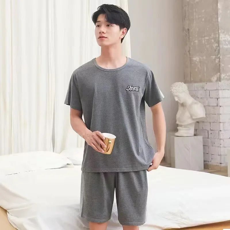 Mens Breathable Cotton Pajama Set Striped Short Sleeve Shorts Summer Loungewear 0