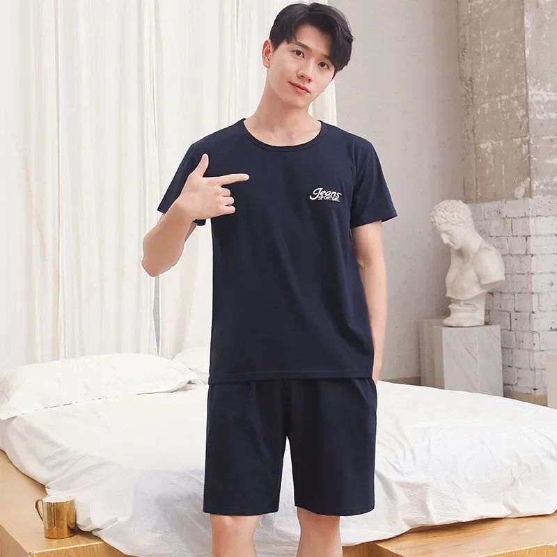 Mens Breathable Cotton Pajama Set Striped Short Sleeve Shorts Summer Loungewear 1