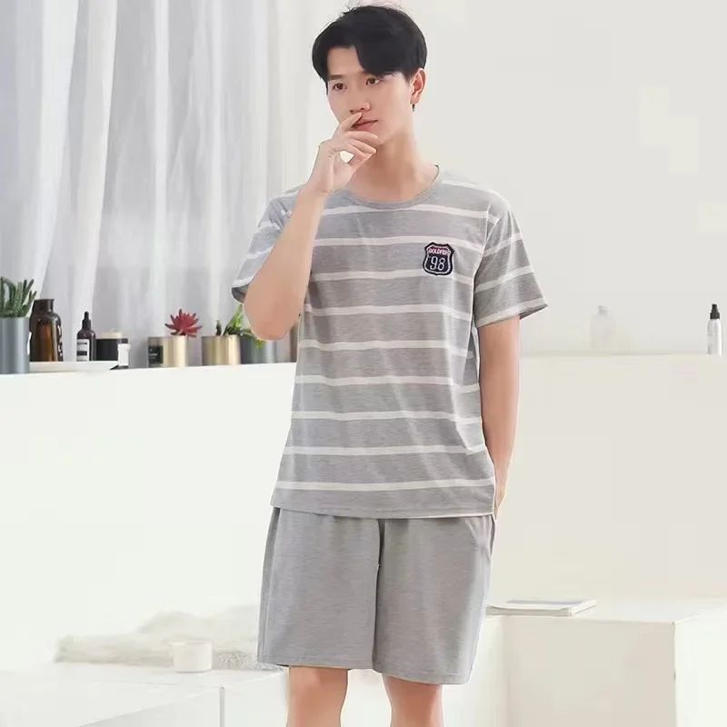 Mens Breathable Cotton Pajama Set Striped Short Sleeve Shorts Summer Loungewear 2