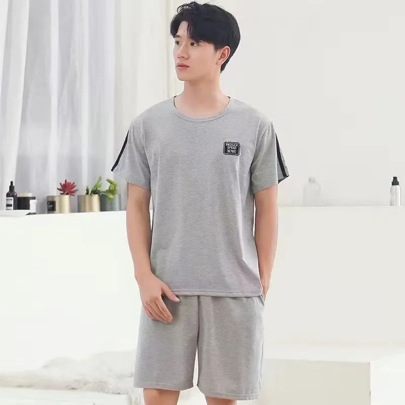 Mens Breathable Cotton Pajama Set Striped Short Sleeve Shorts Summer Loungewear 4
