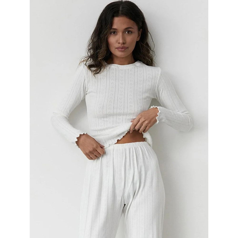 LoveKnit Jacquard Womens Pajama Set Soft Knit Cardigan Pants Loungewear 4