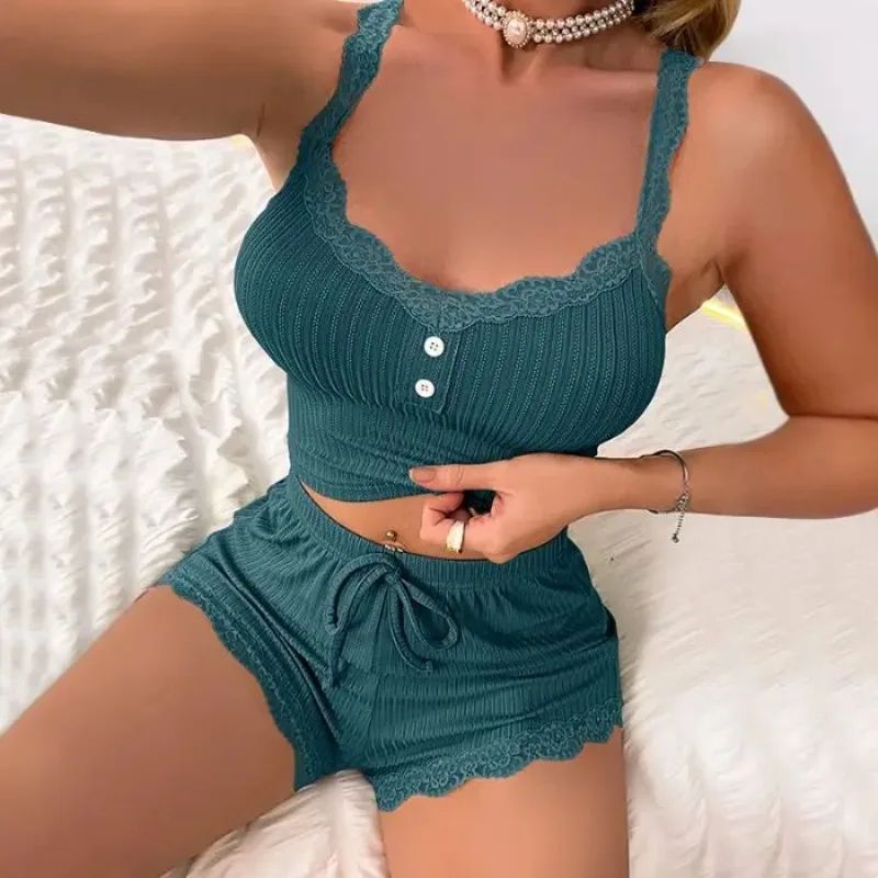 Luxury Summer Women Pajama Set Breathable Sleepwear Lounge Pants Top Set 5