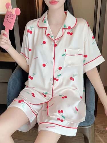 Blush Breeze Womens Cute Print Pajama Set – Soft Pink Short Sleeve Button Top & Shorts Loungewear