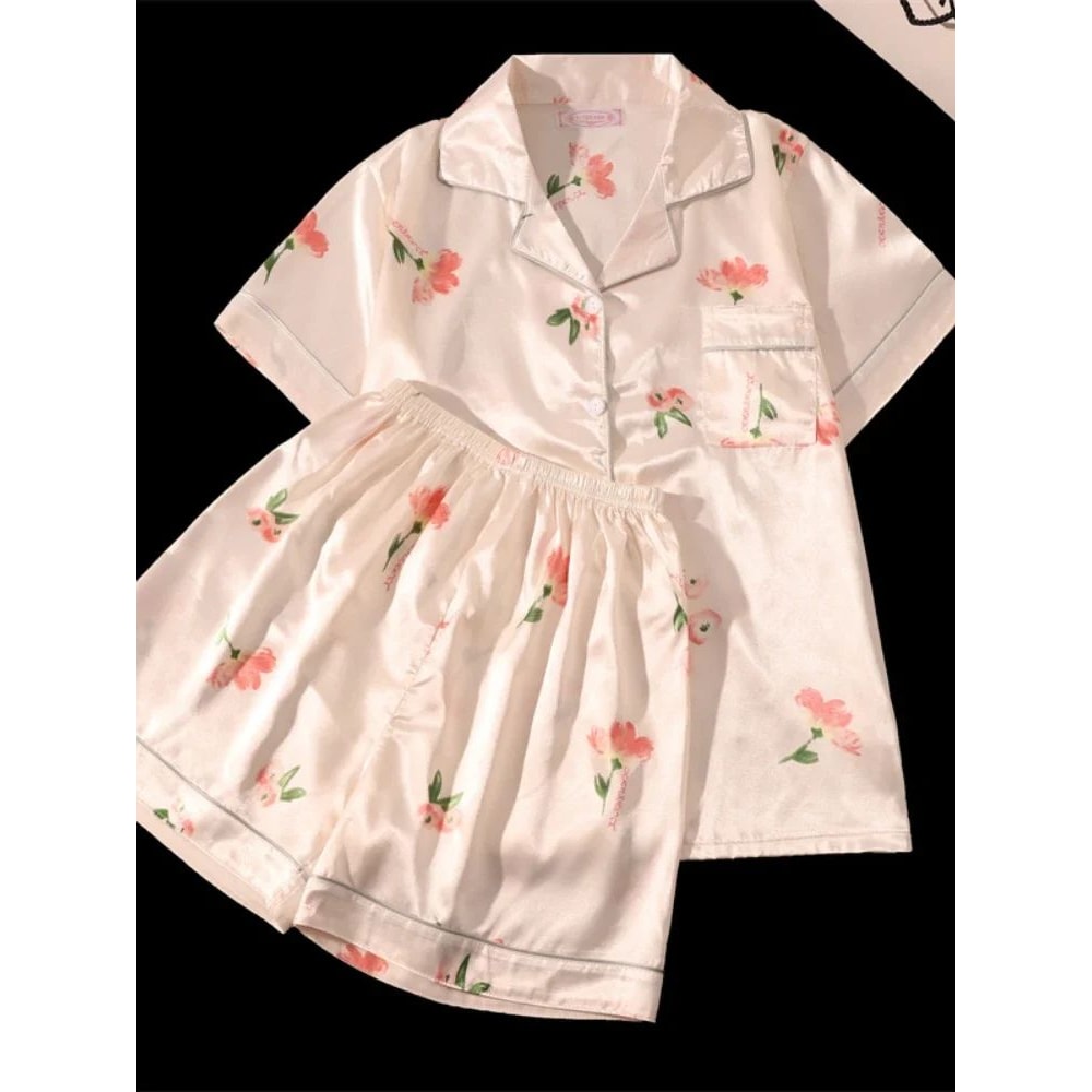 Blush Breeze Womens Cute Print Pajama Set Soft Pink Short Sleeve Button Top Shorts Loungewear 3