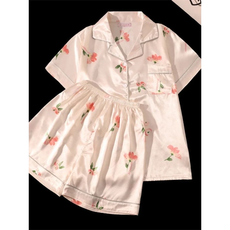 Blush Breeze Womens Cute Print Pajama Set Soft Pink Short Sleeve Button Top Shorts Loungewear 3