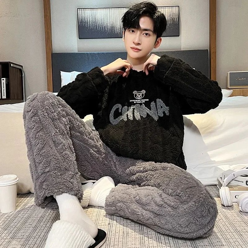 ArcticComfort Mens Coral Fleece Pajama Set Warm Winter Mens Sleepwear Set 3