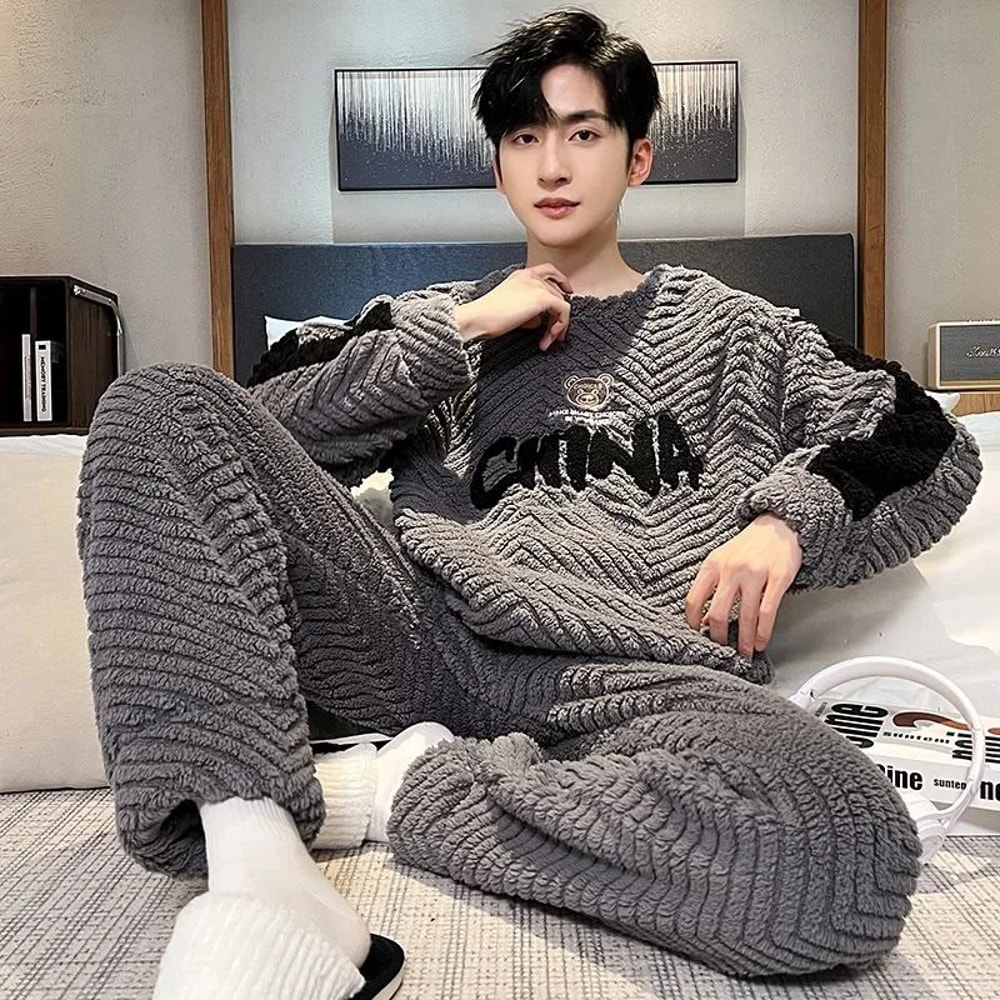 ArcticComfort Mens Coral Fleece Pajama Set Warm Winter Mens Sleepwear Set 4