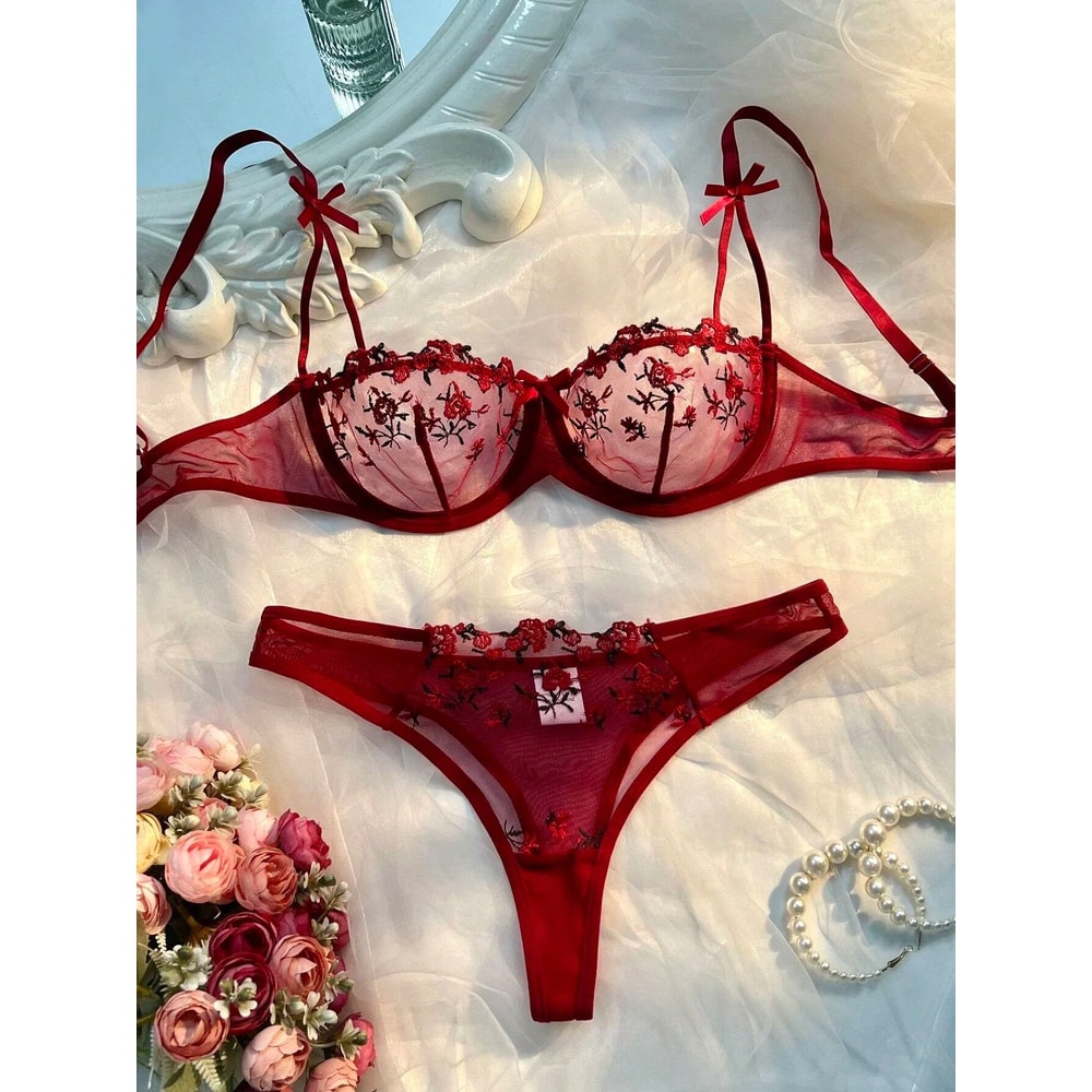 Sheer Floral Lace Lingerie Set Transparent Embroidered Bra And Panty Sleepwear 1