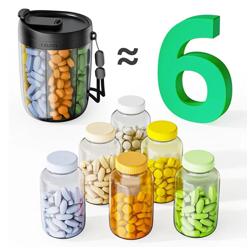 6Grid Travel Pill Organizer Bottle Portable Vitamin Organizer With BuiltIn Cup 1