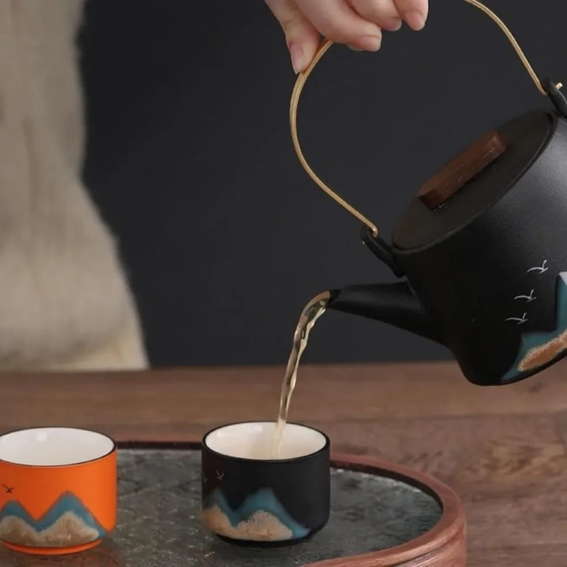 Mountain View Ceramic Tea Cup Set Japanese Sake Set With Bird Pattern 5Piece 3