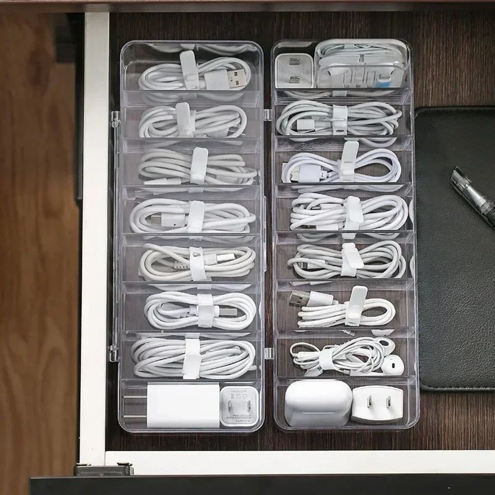 Transparent Divided Grid Cable Organizer Box For Charging Cords Accessories 1