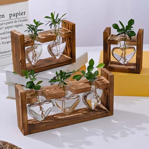 Heart Frame Hydroponic Plant Vase – Vintage Wooden Glass Tabletop Flower Vase for Modern Home Decor