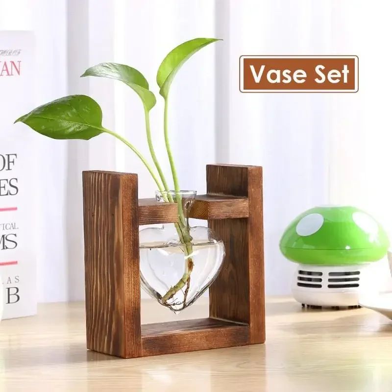 Heart Frame Hydroponic Plant Vase Vintage Wooden Glass Tabletop Flower Vase For Modern Home Decor 1