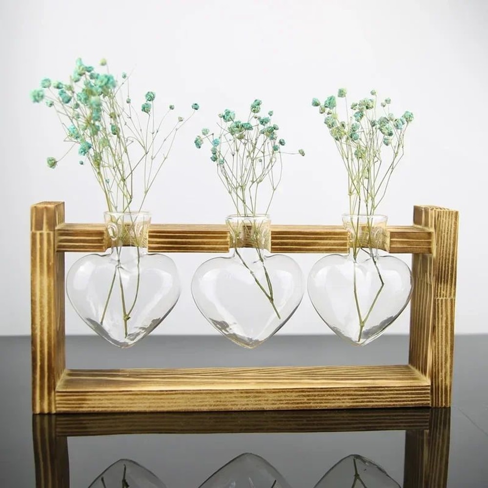 Heart Frame Hydroponic Plant Vase Vintage Wooden Glass Tabletop Flower Vase For Modern Home Decor 4