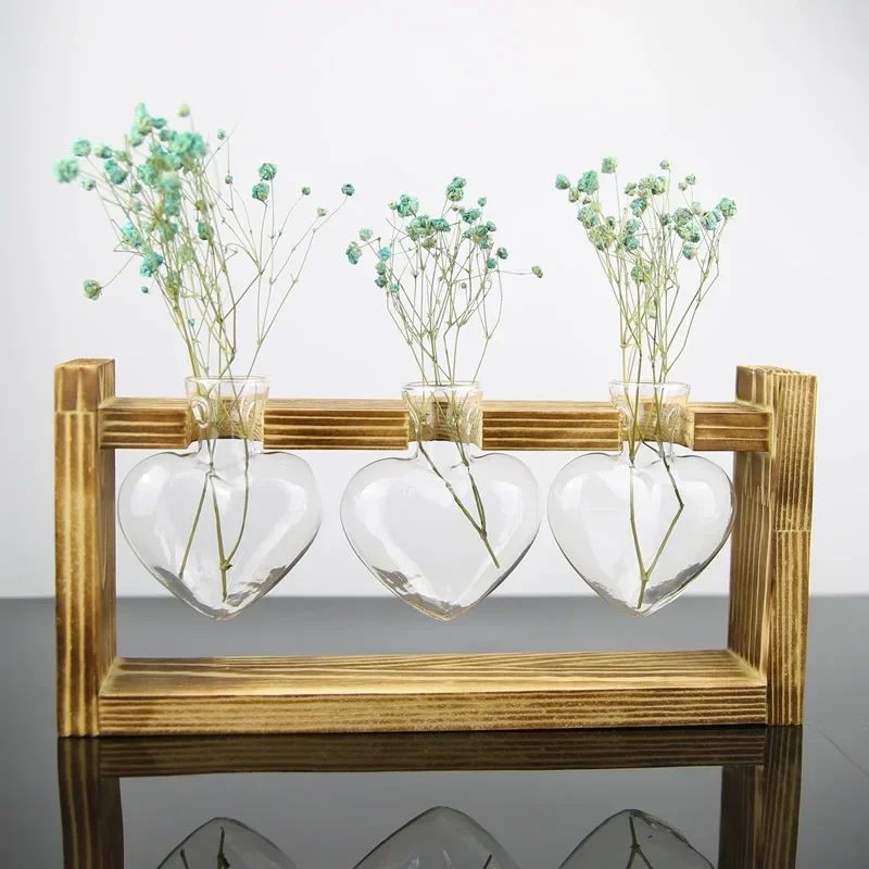 Heart Frame Hydroponic Plant Vase Vintage Wooden Glass Tabletop Flower Vase For Modern Home Decor 4