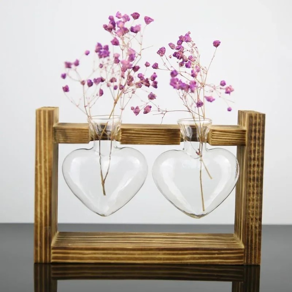 Heart Frame Hydroponic Plant Vase Vintage Wooden Glass Tabletop Flower Vase For Modern Home Decor 5