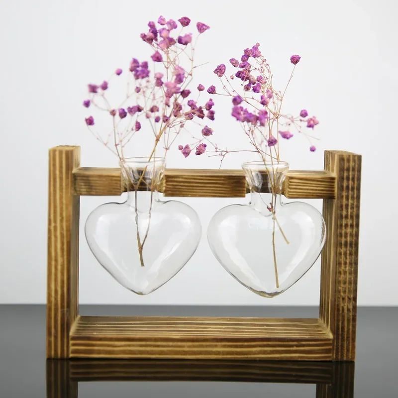 Heart Frame Hydroponic Plant Vase Vintage Wooden Glass Tabletop Flower Vase For Modern Home Decor 5