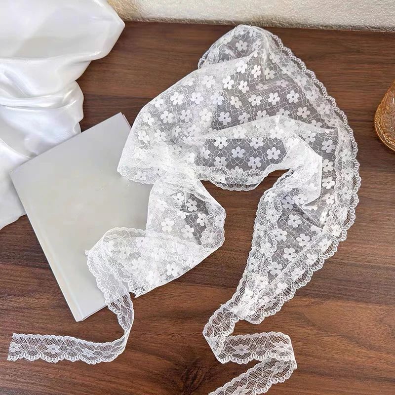 Vintage Bloom White Lace Triangle Head Scarf Retro Floral Hair Wrap For Women 2