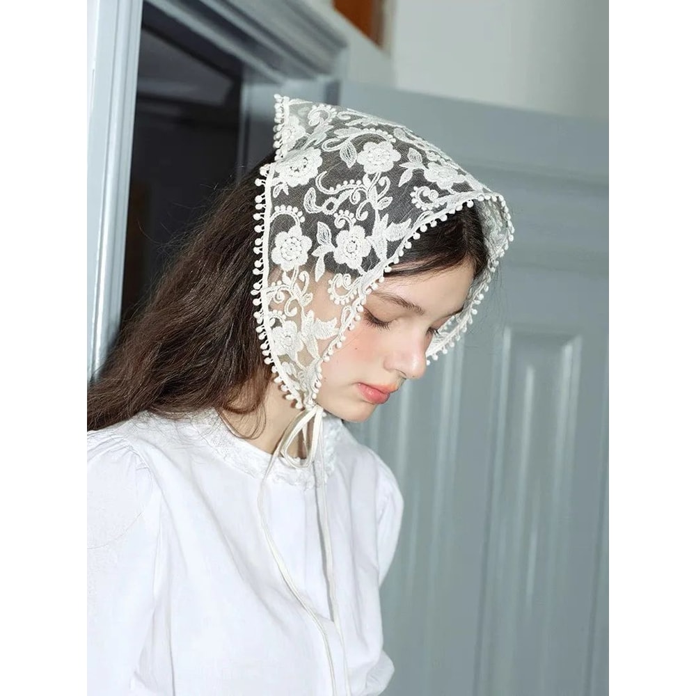 Vintage Bloom White Lace Triangle Head Scarf Retro Floral Hair Wrap For Women 4