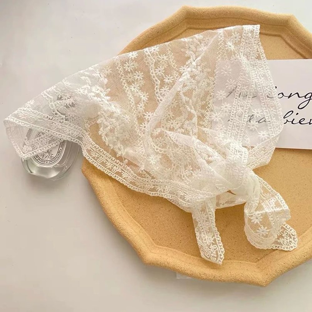 Vintage Bloom White Lace Triangle Head Scarf Retro Floral Hair Wrap For Women 15