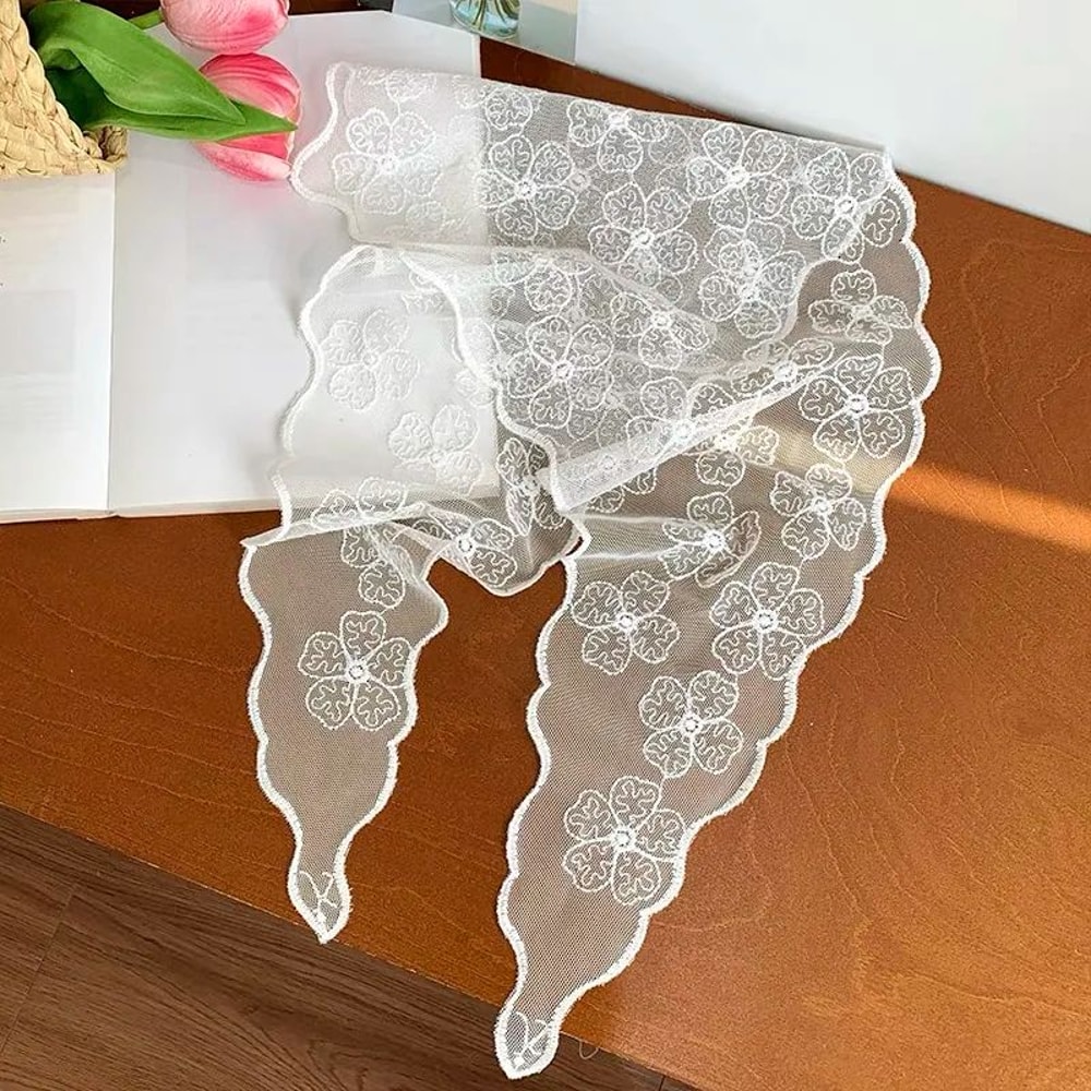 Vintage Bloom White Lace Triangle Head Scarf Retro Floral Hair Wrap For Women 18