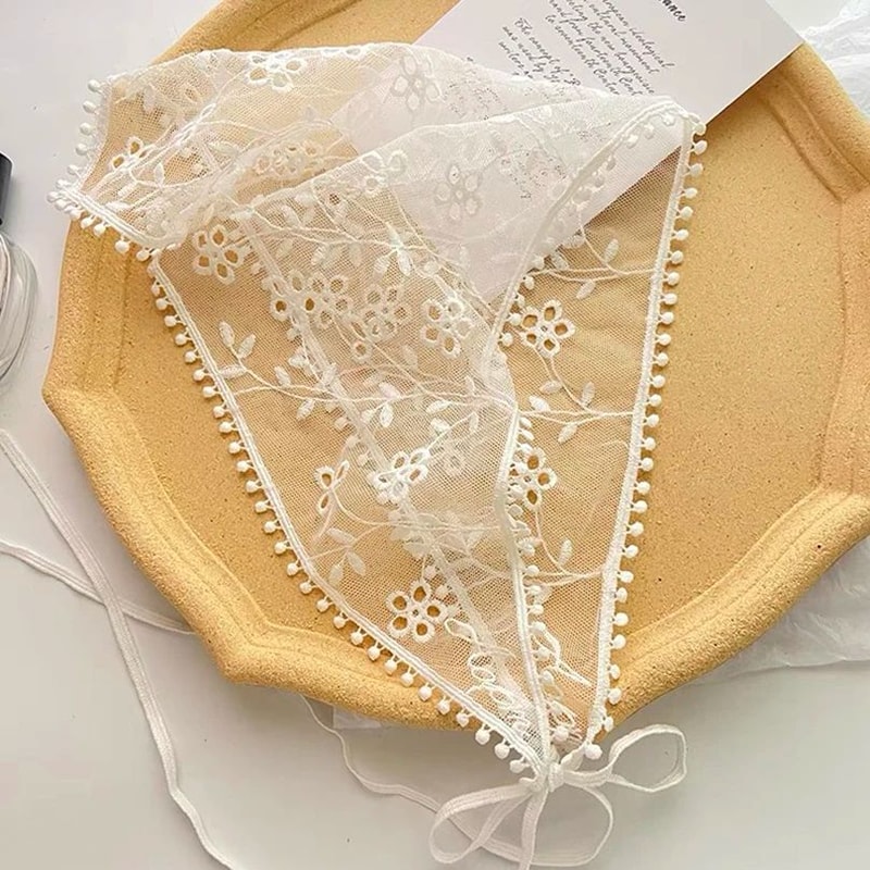 Vintage Bloom White Lace Triangle Head Scarf Retro Floral Hair Wrap For Women 19