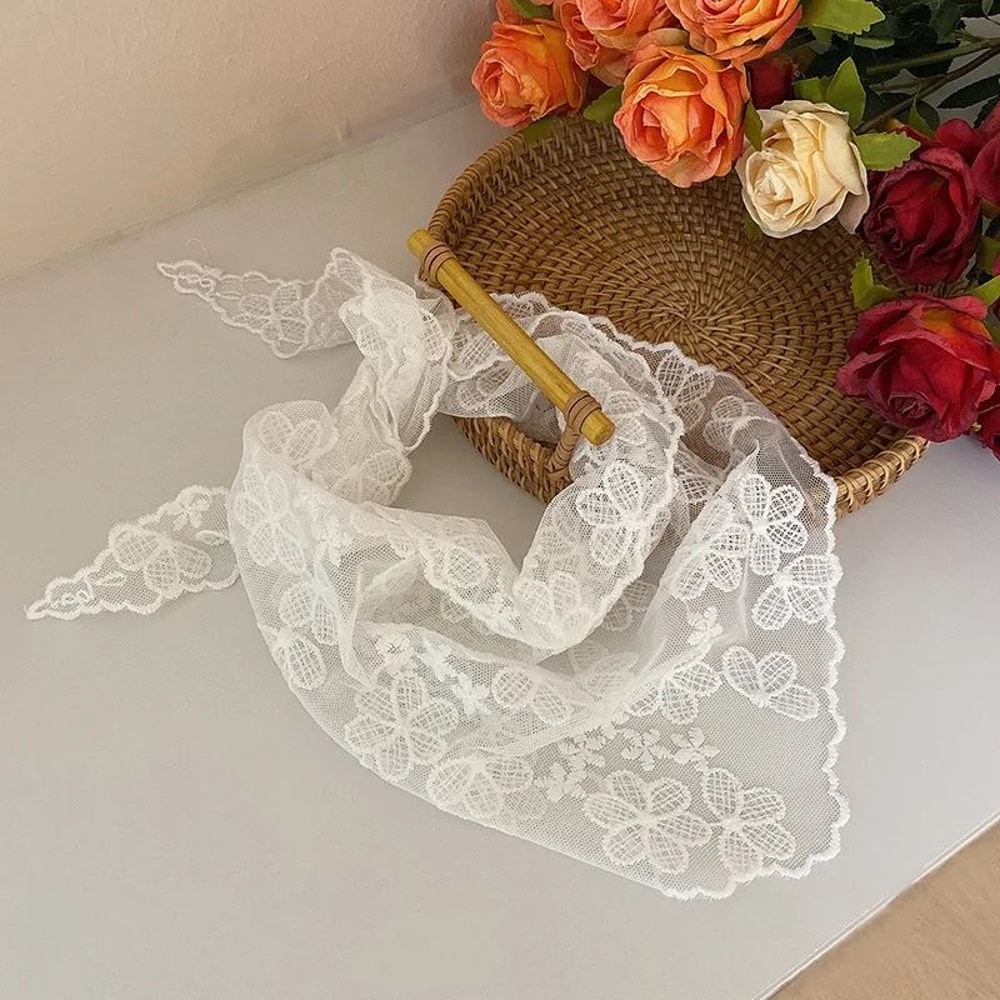Vintage Bloom White Lace Triangle Head Scarf Retro Floral Hair Wrap For Women 10