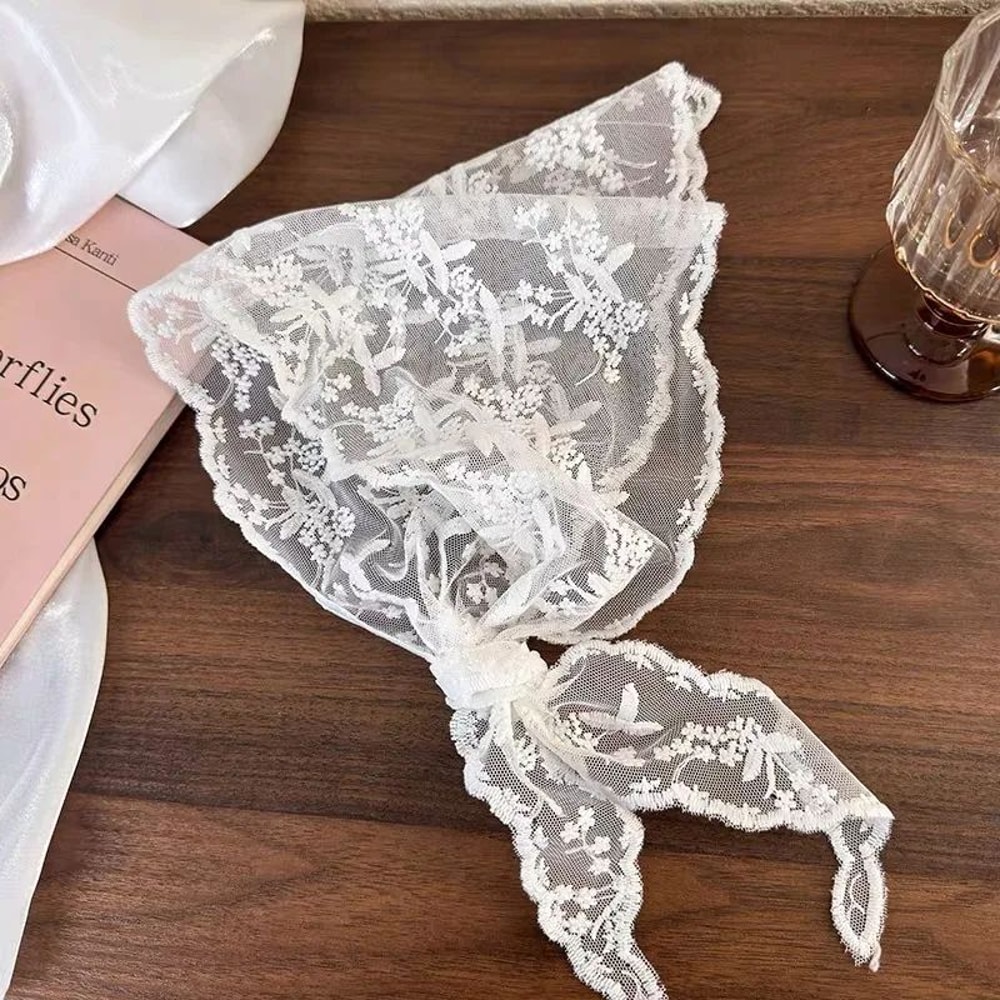 Vintage Bloom White Lace Triangle Head Scarf Retro Floral Hair Wrap For Women 13