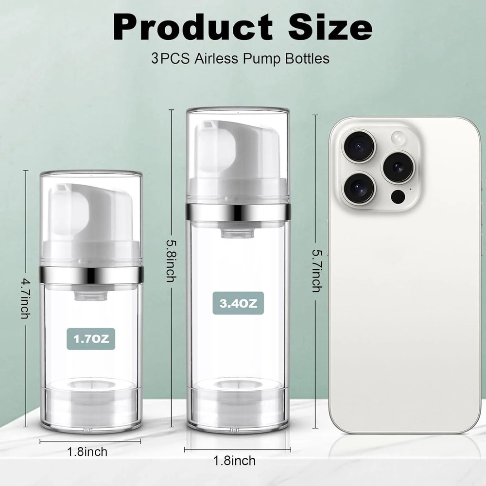 3Pack Airless Pump Bottles For Travel Refillable Cosmetic Lotion Dispensers 3