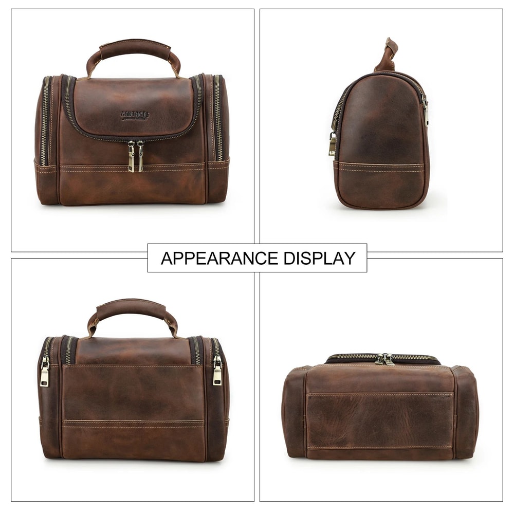 Contacts Crazy Horse Leather Toiletry Bag For Men Vintage Leather Travel Dopp Kit Organizer 3