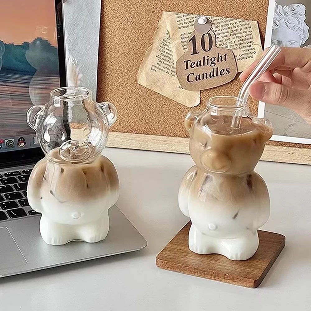 Cute Bear Glass Mug With Straw 320ML Transparent Cartoon Coffee Cup 1
