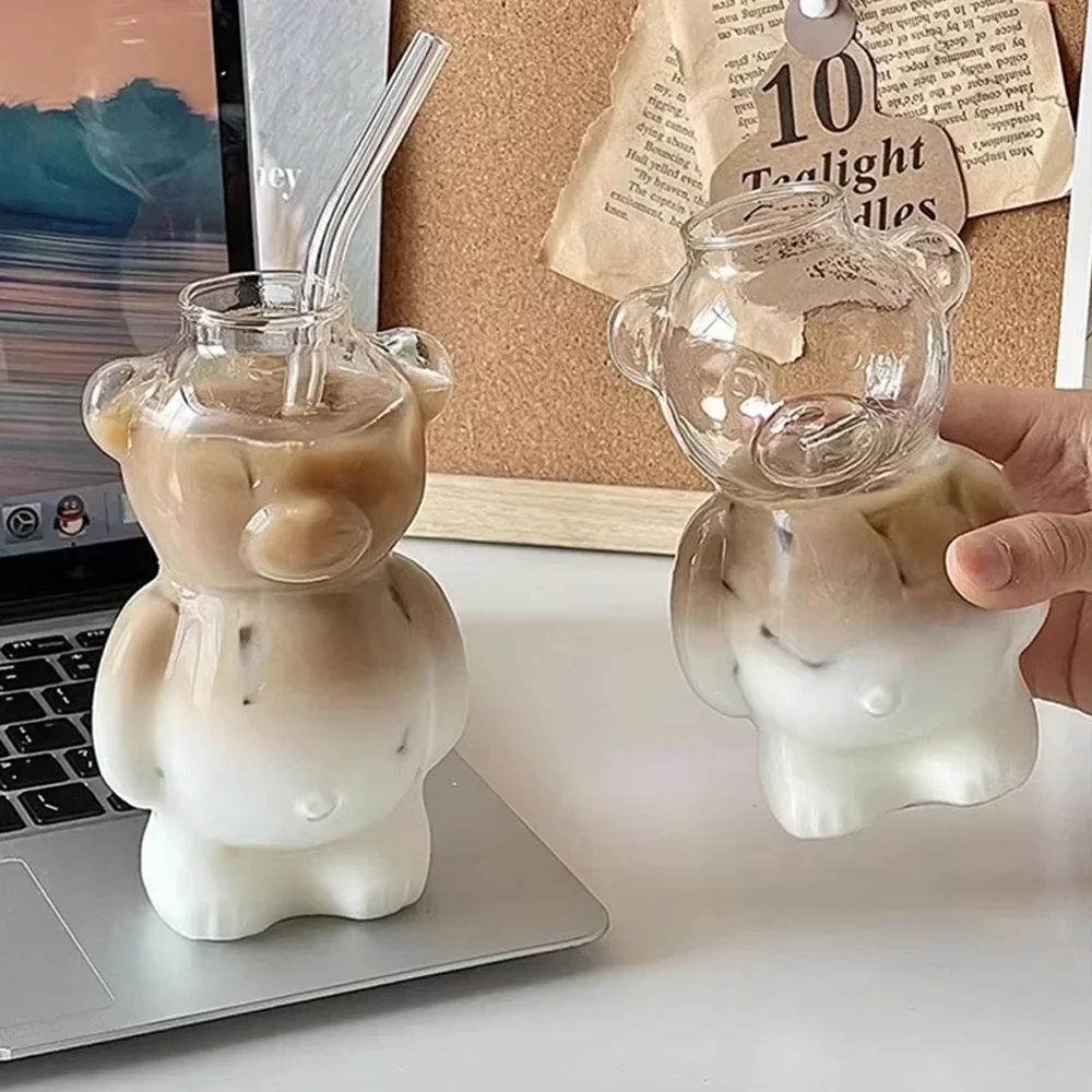 Cute Bear Glass Mug With Straw 320ML Transparent Cartoon Coffee Cup 2