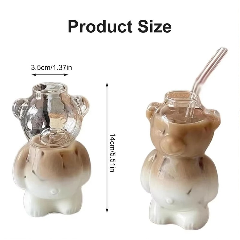 Cute Bear Glass Mug With Straw 320ML Transparent Cartoon Coffee Cup 5