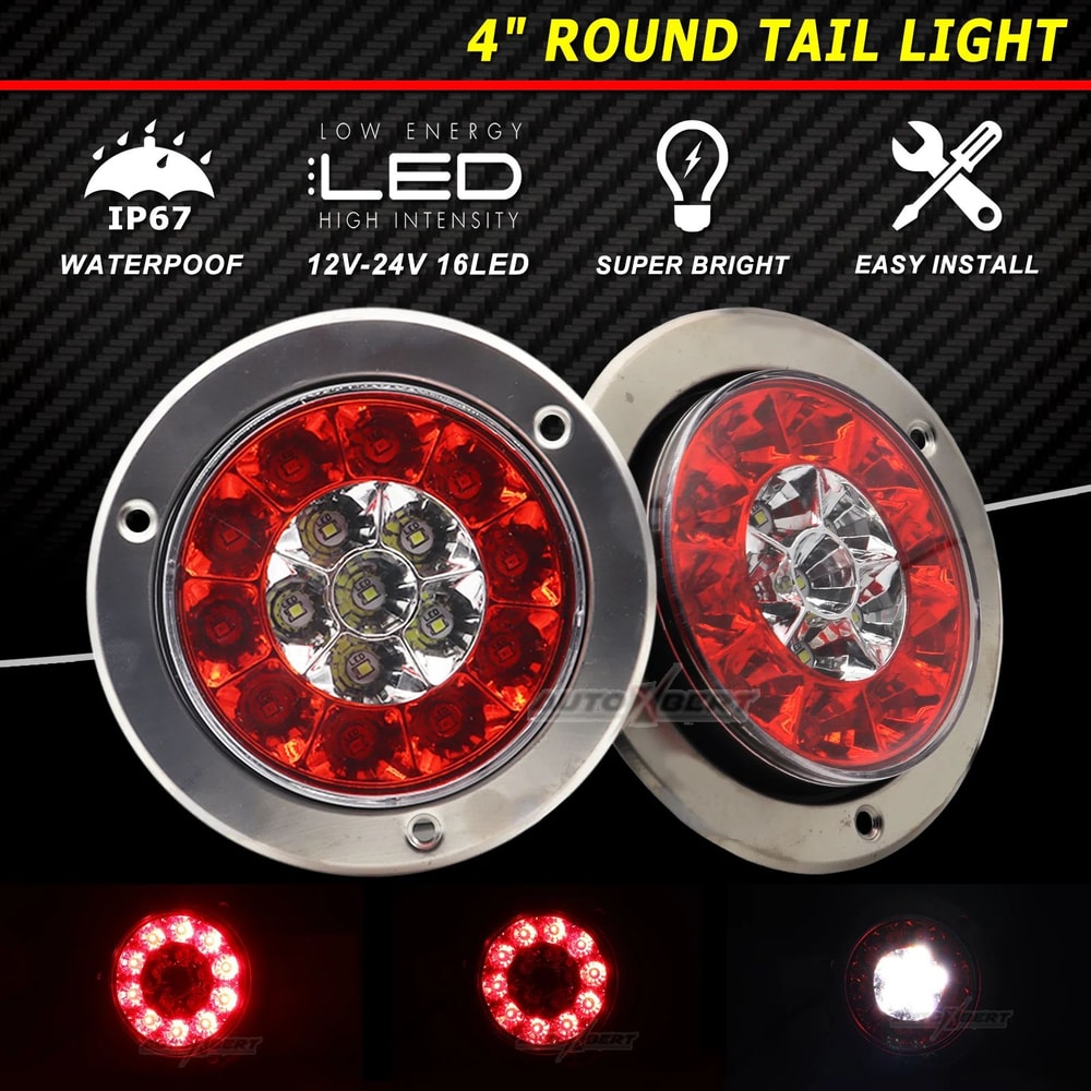 Universal 12V 24V LED Trailer Tail Lights Waterproof Round Brake Lamps For Trucks RVs UTVs 2Pack 0