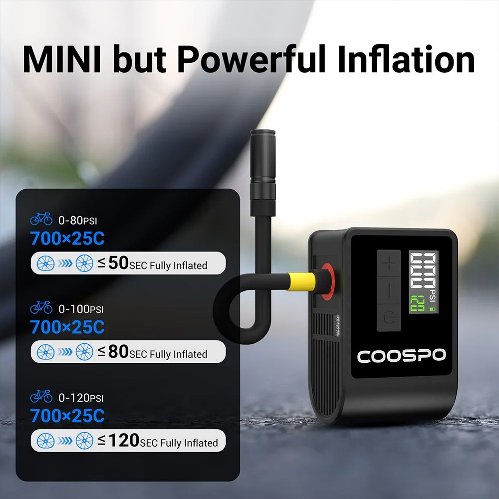 COOSPO Mini Electric Bike Pump 120PSI Portable Digital Tire Inflator 3