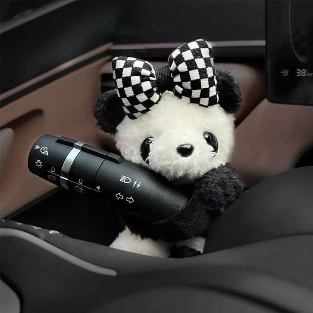 Panda Bowknot Car Wiper Switch Cover Cute Car Interior Accessory Plush Decor 1