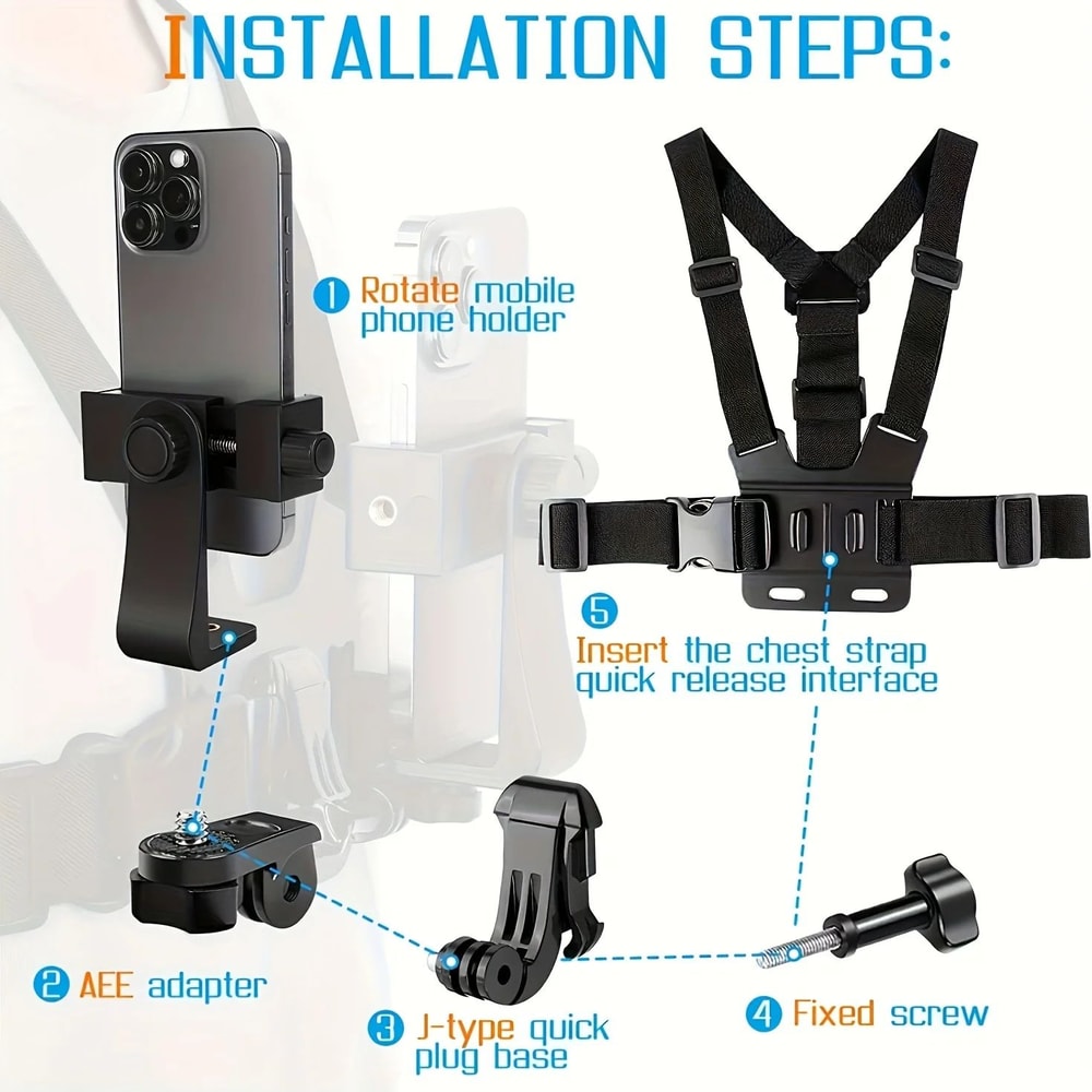 5in1 Ergonomic Chest Mount Phone Holder Adjustable Phone Chest Strap For Stable POV Recording 5