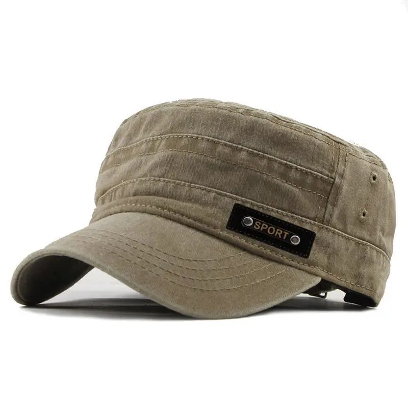 Mens Washed Cotton Military Cap Flat Top Sun Protection Cadet Hat 2