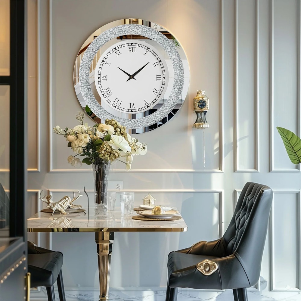 24Inch Mirrored Wall Clock With Crushed Diamond Sparkle Roman Numerals And Silver Tawny Finish 1