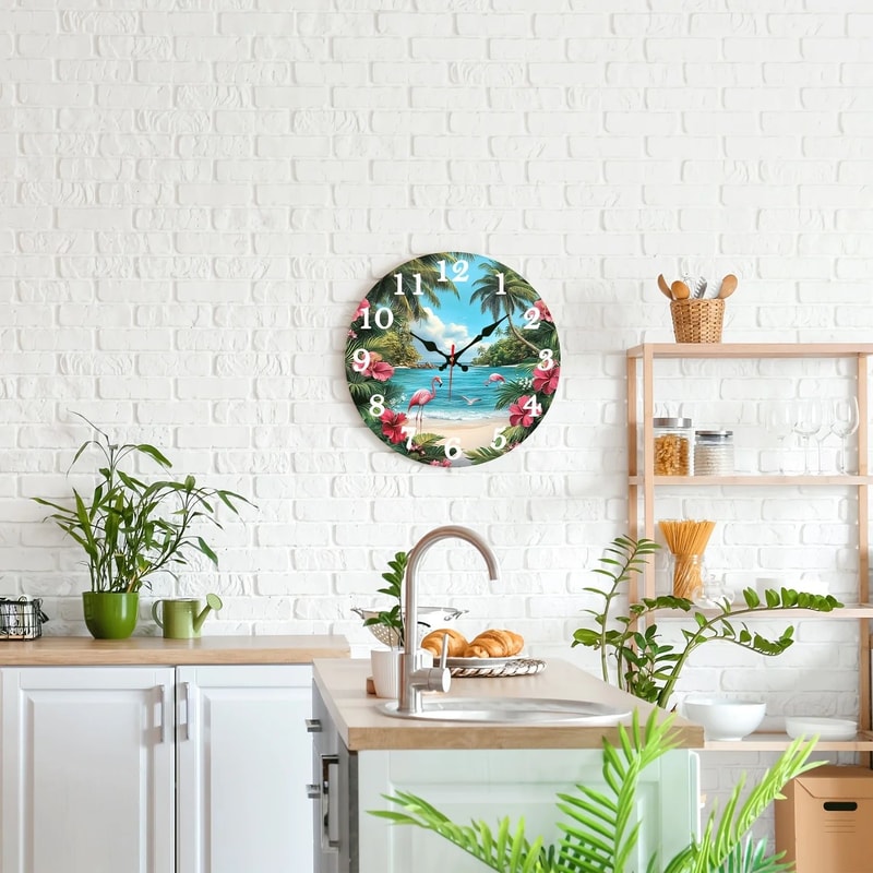 Tropical Flamingo Beach Wall Clock With Silent Quartz Movement Digital Display 4